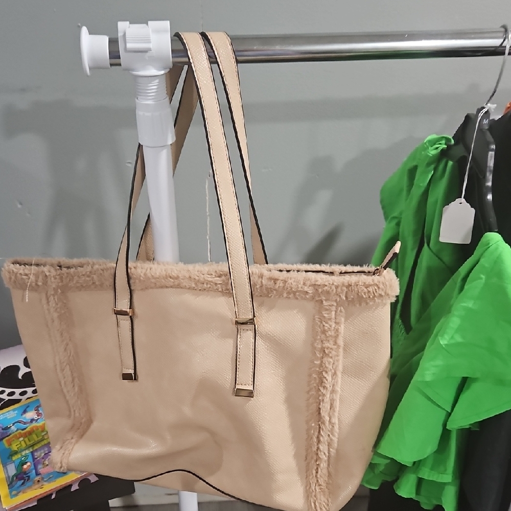 Beige Women's Faux Leather Tote Bag with Trim